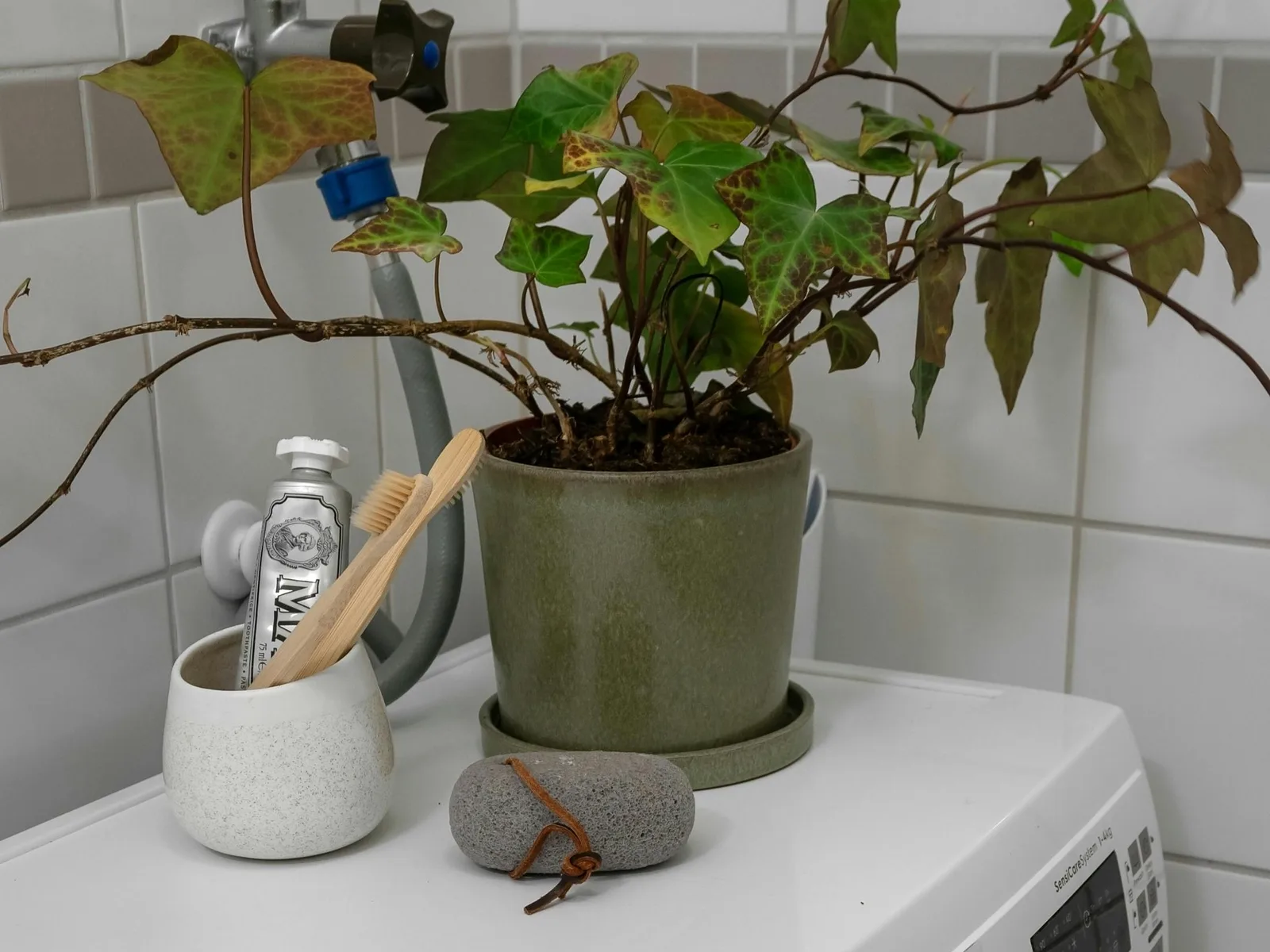 A real home laundry surface with a washing machine and care supplies